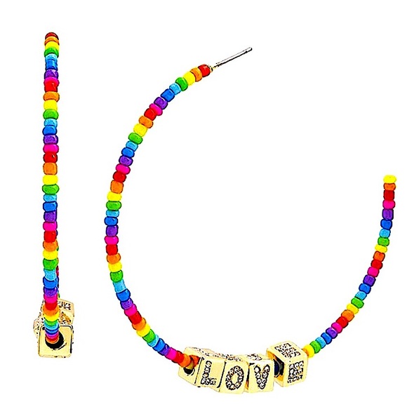 Betsey Johnson LOVE Rainbow Beaded Hoop Earrings - Picture 2 of 16